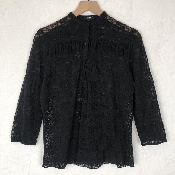 VTG Sheer Lace Top Sz M 40 Black 3/4 Sleeve Button Up Top Blouse Band Collar - Picture 1 of 9